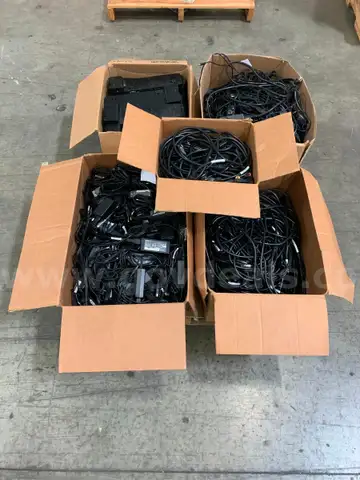 100 HP 65-Watt AC Adapters, 35 HP UltraSlim Docking Stations, CISCO Meraki Power Supply Cords, and Other Cables