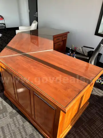 Executive Wooden Desk With Glass Top and Cabinet