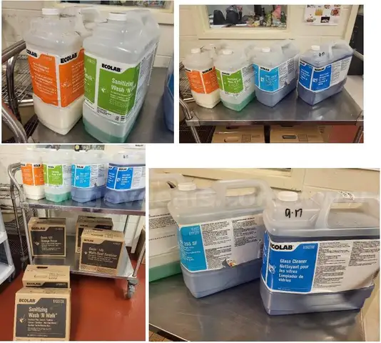 Lot of Various EcoLab Chemicals and Cleaning Supplies