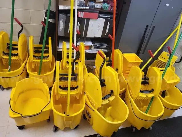 Lot of Mop Buckets and Mop Heads
