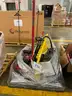 Lot of a John Deere 54&#x22; Snow Plow, Vehicle Jack, Air Tank, and Trimmer