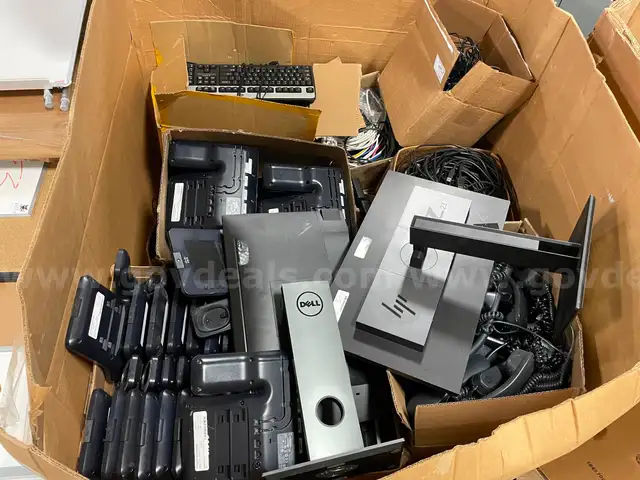 Lot of Cisco Office Phones, Cables, and PC Monitors