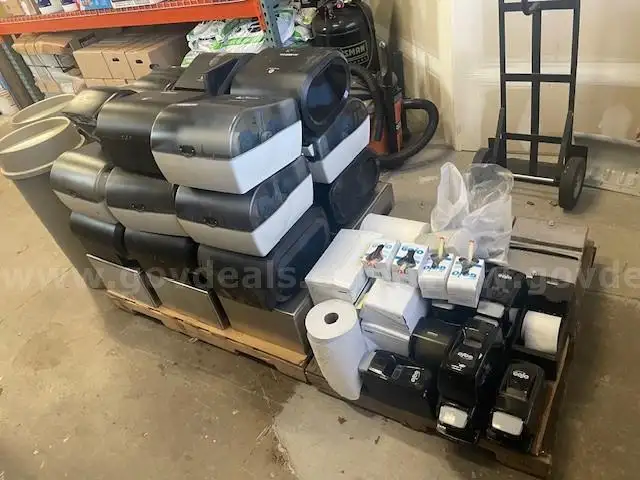 Paper towel/soap dispensers, trash cans