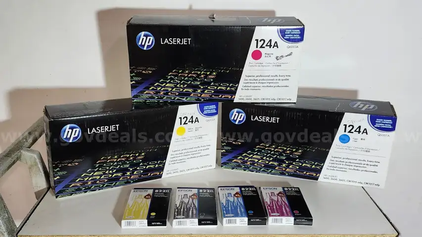Lot of Three (3) HP Toners (124A) with Four (4) Epson Inkjet Cartridges (822XL)