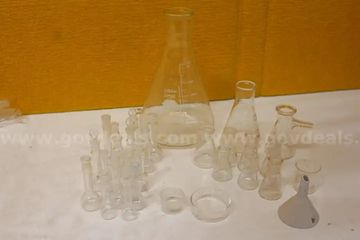(1) Set of 31 Glass Flasks, Dishes, and Ceramic Funnel