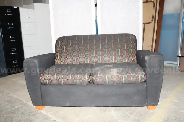 (1) Retro Style Two Seater Sofa - Bold Pattern Upholstery