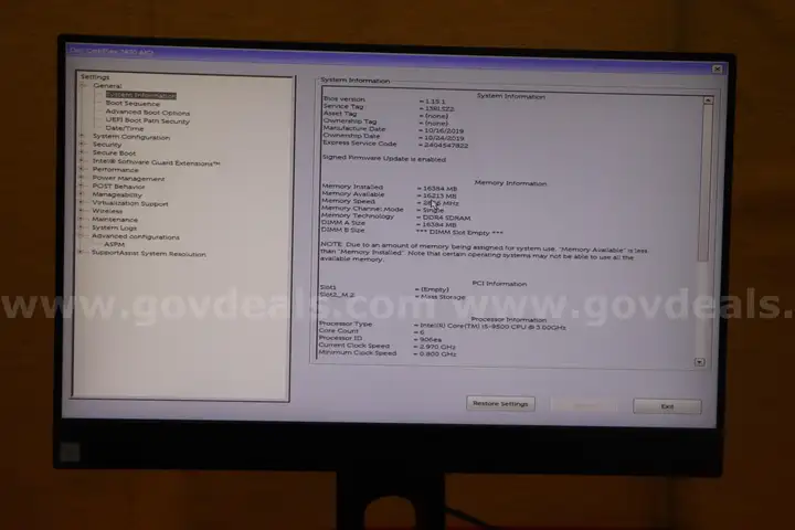 (1) Dell OptiPlex 7470 AIO, Memory 16384MB, HDD/SDD 512GB, Processor i5-9500