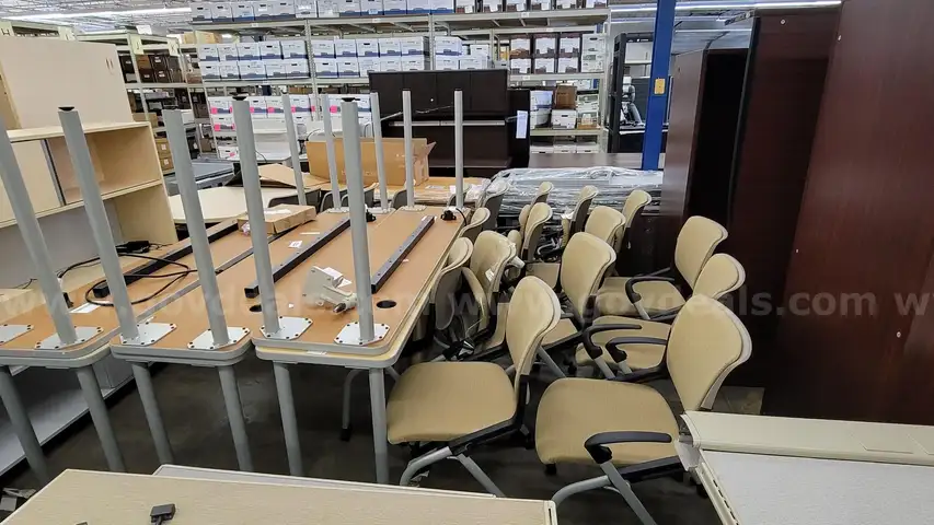6-COMPUTER TABLES AND 19 CHAIRS (4-WITH ARMS)