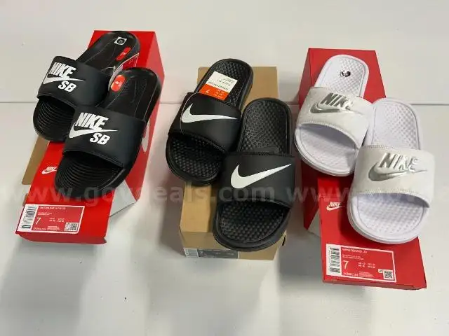 Lot of 3 Pairs of Nike Slides, Various Styles. Size 7.