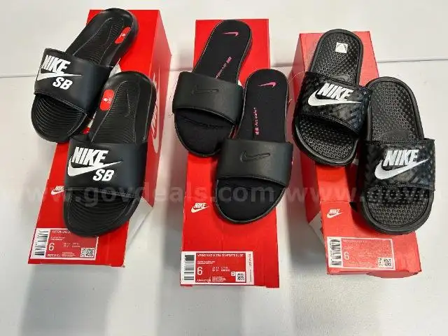 Lot of 3 Pairs of Nike Slides, Various Styles. Size 6.