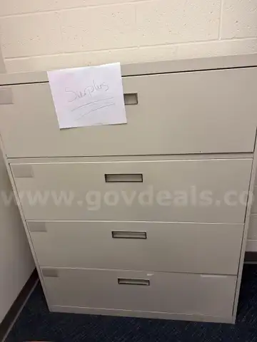 Lot #589; 4 Long Drawer File Cabinet, teacher&#x27;s L shaped desk