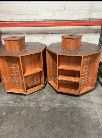 Brown magazine rack on wheels