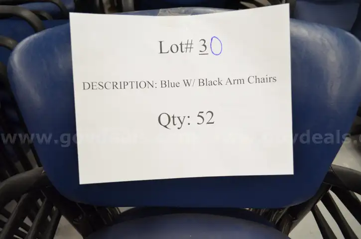 Lot#30 Blue with Black Arms Chairs Qty - 52 SOLD AS IS