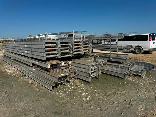 Scaffold Plank Walkways, Aluminum, 20ft to 36ft, and Supporting Scaffolding Material, 1 Lot.