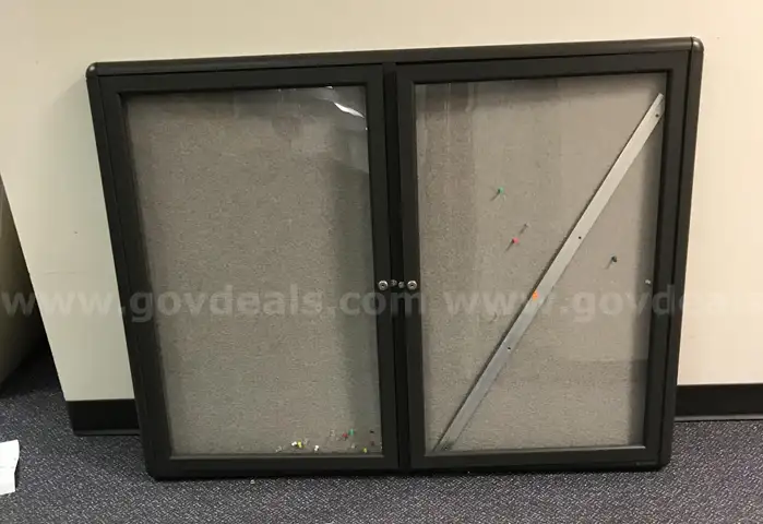2 used pushpin boards, 1 pushpin locking cabinet and 1 wood dry erase/push pin board. (FR206)