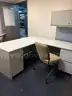 Used L shaped desk with overhead bin. (FM)