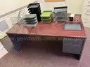 Metal Desk with Assorted Office Accessories and Wooden Cabinet