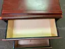 Metal Desk with Assorted Office Accessories and Wooden Cabinet
