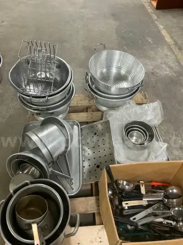 Pallet of cafeteria strainers and dippers.
