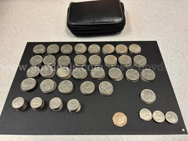 Canadian Coins  - total $34.65 and One British 20 Pence Coin with Used Pouch
