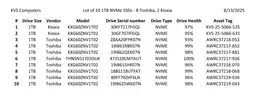 Lot of 10 1TB NVMe PCIe M.2 SSDs - 8 Toshiba, 2 Kioxia - 93-100% Drive Health
