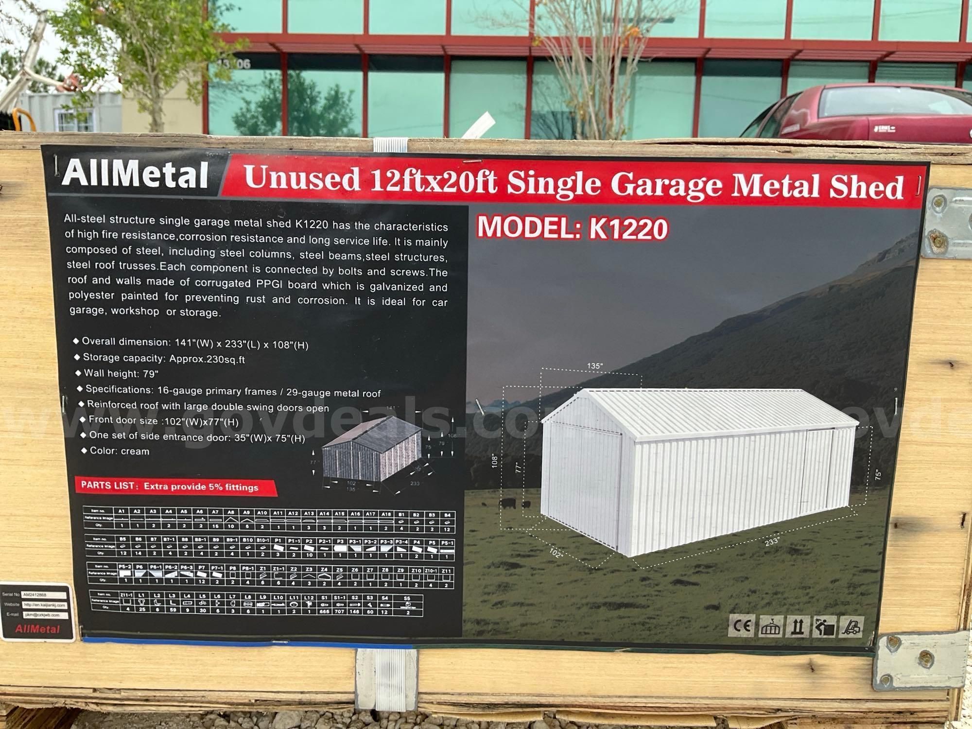UNUSED ALLMETAL 12FT X 20FT SINGLE GARAGE METAL SHED MODEL K1220