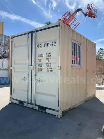 10FT OFFICE / STORAGE CONTAINER, FORK POCKETS WITH SIDE DOOR ENTRANCE &#x26; SIDE WINDOW, APPROX 99&#x27;&#x27; T x 86&#x27;&#x27; W x 108&#x27;&#x27; DEEP