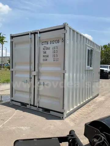 12FT OFFICE / STORAGE CONTAINER, FORK POCKETS WITH SIDE DOOR ENTRANCE &#x26; SIDE WINDOW