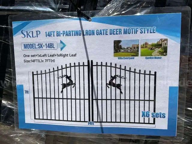 SET OF UNUSED 14FT BI PARTING WROUGHT IRON GATES, 7FT EACH PIECE (14FT TOTAL WIDTH). 2 PIECES PER SET, DEER DESIGN