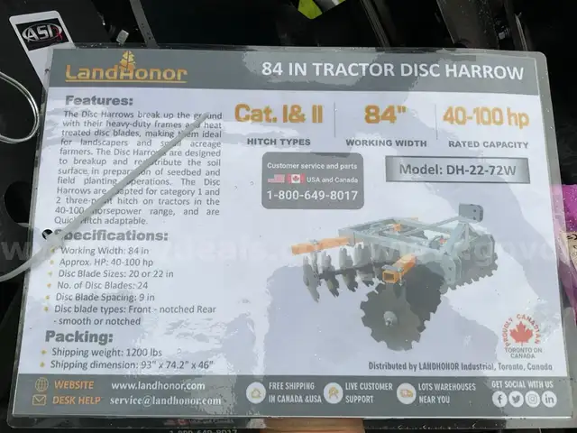 UNUSED 2024 TRACTOR DISC HARROW 84in ATTACHMENT MODEL DH-22-72W