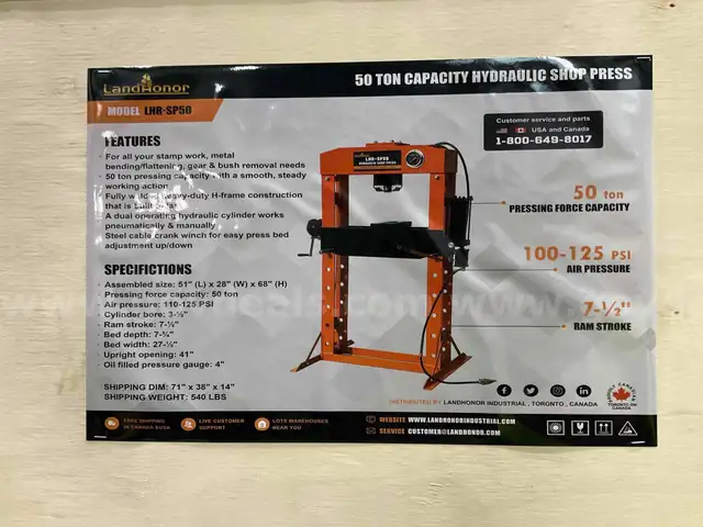 NEW LANDHONOR 50 TON CAPACITY HYDRAULIC SHOP PRESS MODEL LHR-SP50