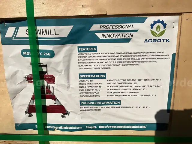 UNUSED 2024 AGROTK SAW MILL MODEL YC-26G, GAS POWERED