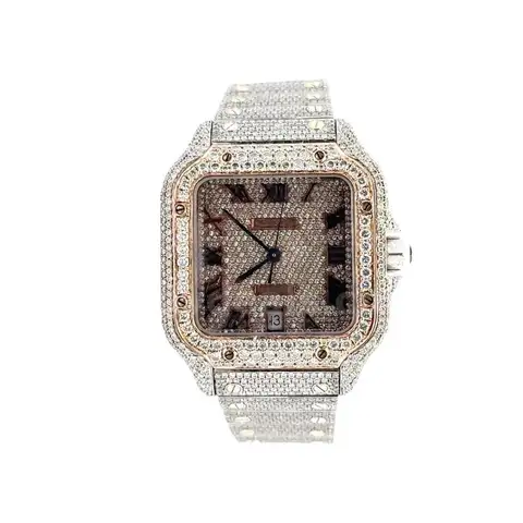 USED CARTIER SANTOS LARGE MODEL STAINLESS STEEL WATCH WITH ROSE GOLD BEZEL, ESTIMATED 18CTS+ OF NATURAL DIAMONDS (AFTERM