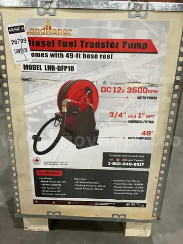 UNUSED LANDHONOR DIESEL FUEL TRANSFER PUMP W/ 49FT HOSE REEL MODEL LHR-DFP10