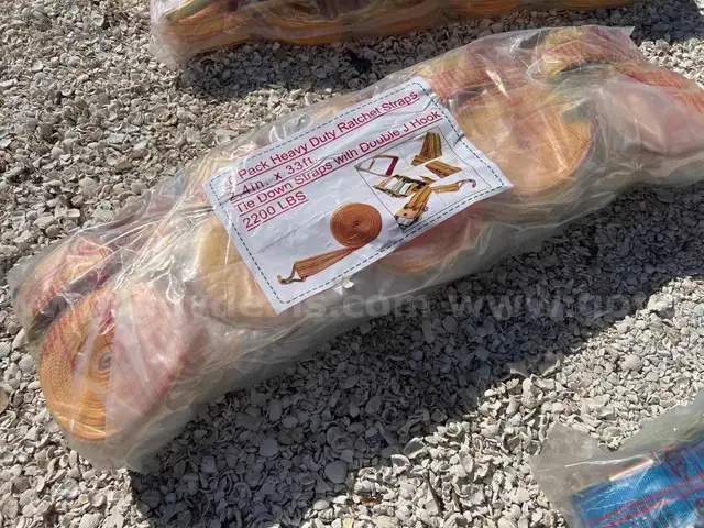 UNUSED 2025 HEAVY DUTY RATCHET STRAPS W/ DOUBLE J HOOKS, APPROX 10 PACK, APPROX 2IN X 33FT, 2200LBS