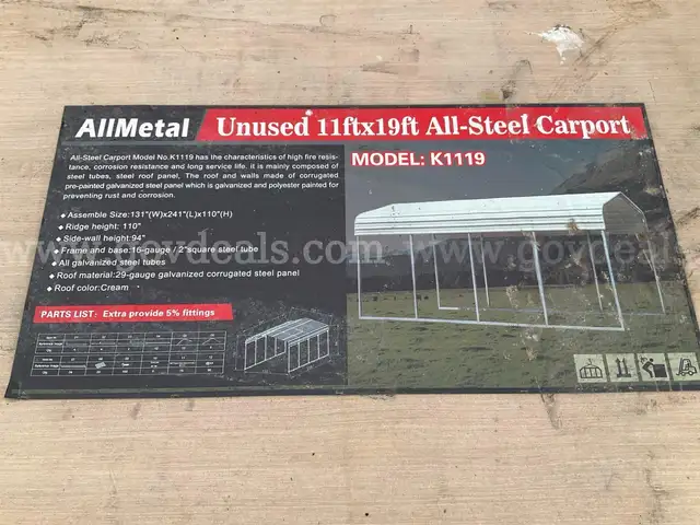 UNUSED ALLMETAL 11FT X 19FT ALL-STEEL CARPORT MODEL K1119