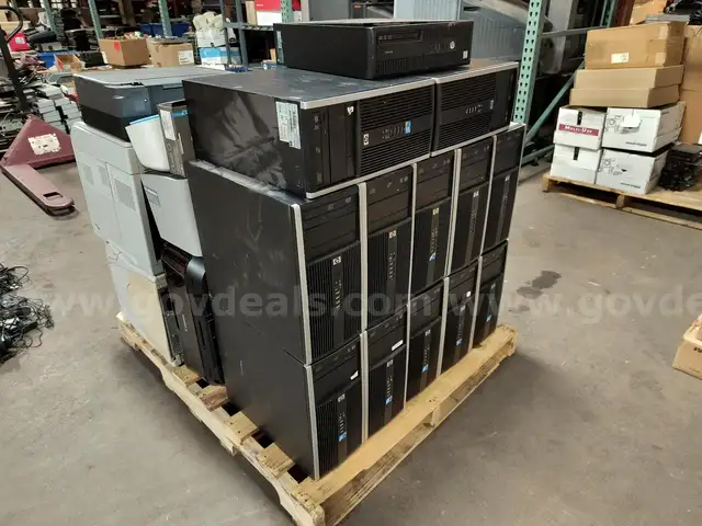 Pallet Lot of Assorted SCRAP Items (Computers, Battery Backups, Speakers, etc etc)