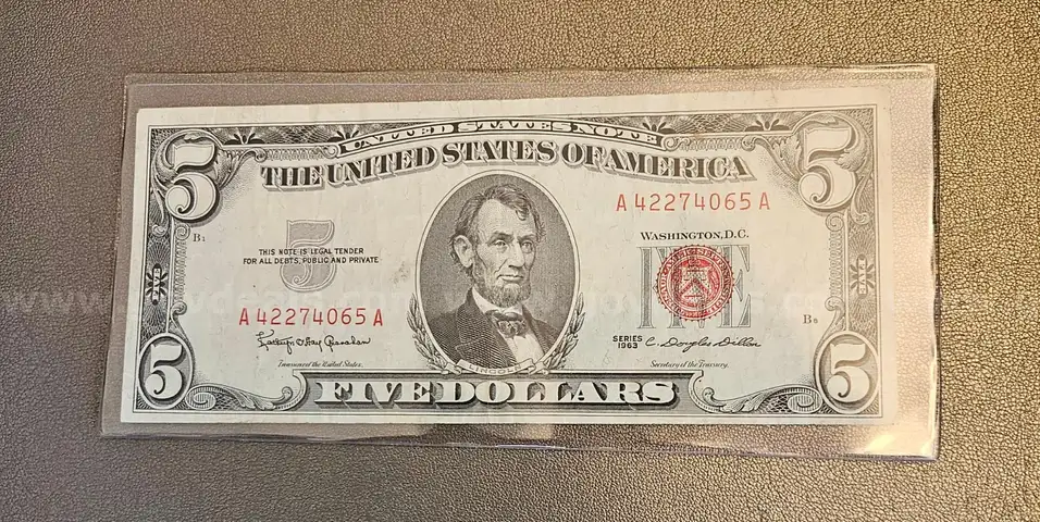 Red Note 1963 Five Dollar Bill in Holder