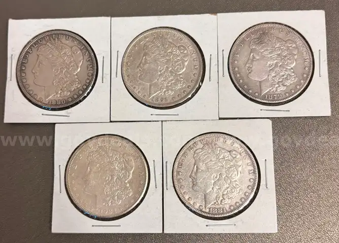 Lot of 5 Morgan Silver Dollar Coins- 1879, 1880, 1881, 1891, 1921