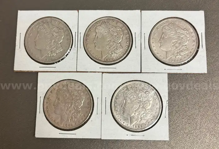 Lot of 5 Morgan Silver Dollar Coins- 1921, 1921, 1921, 1884, 1889