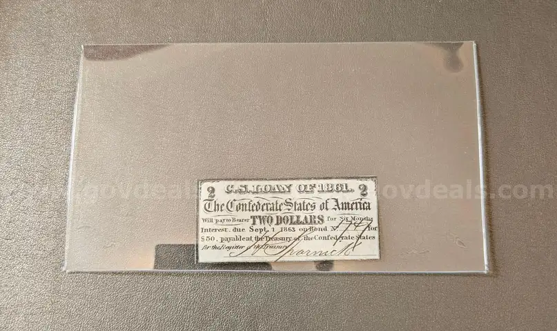 1861 Confederate Civil War Two Dollar Bond in Holder $2