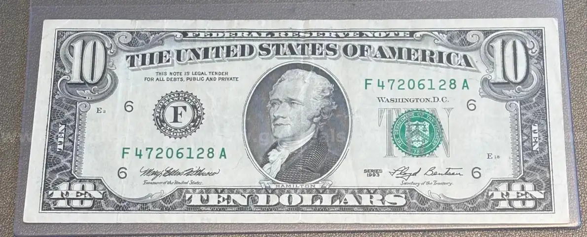 1993 $10 Ten Dollar Bill in Holder
