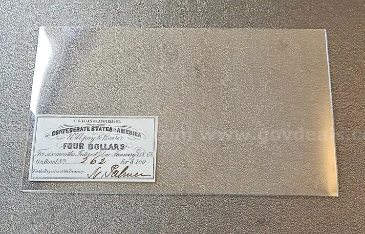 1868 Confederate Civil War Four Dollar Bond in Holder $4