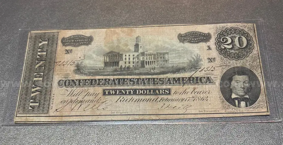 1864 Confederate Civil War Twenty Dollar Bill in Holder $20