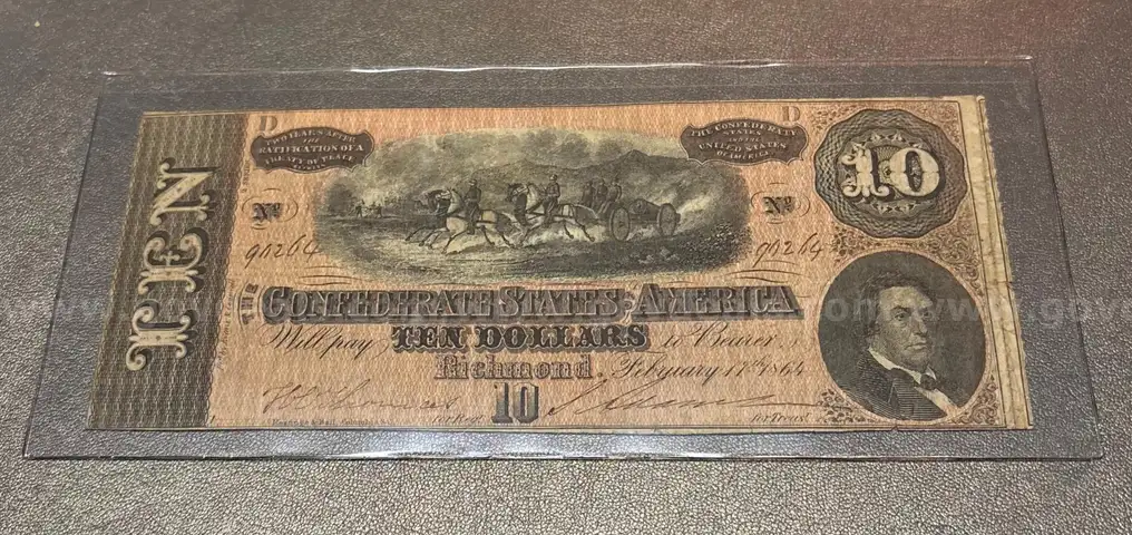 1864 Confederate Civil War Ten Dollar Bill in Holder $10