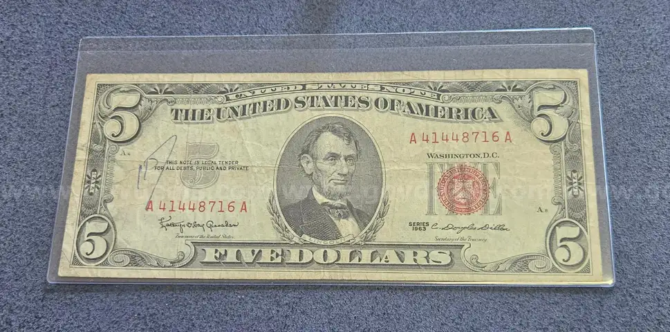 Red Note 1963 Five Dollar Bill in Holder