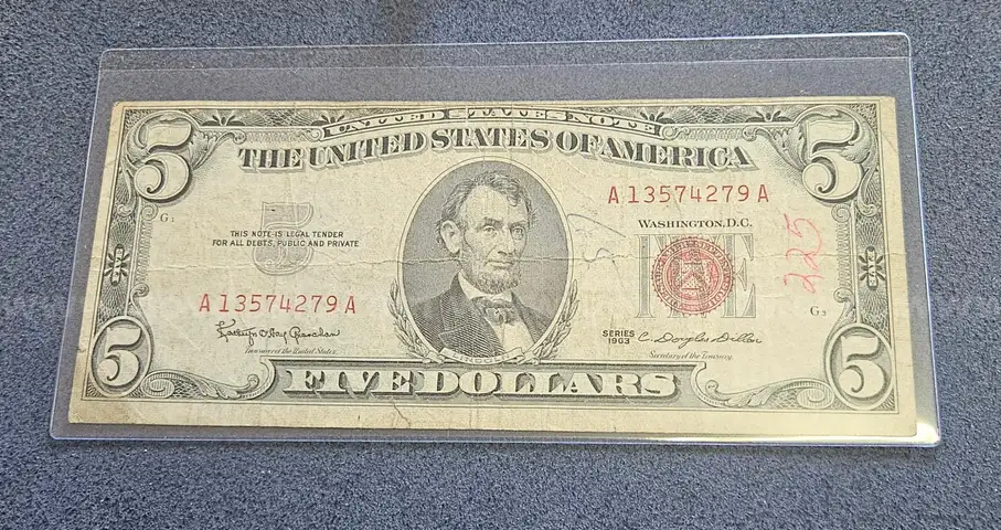 Red Note 1963 Five Dollar Bill in Holder