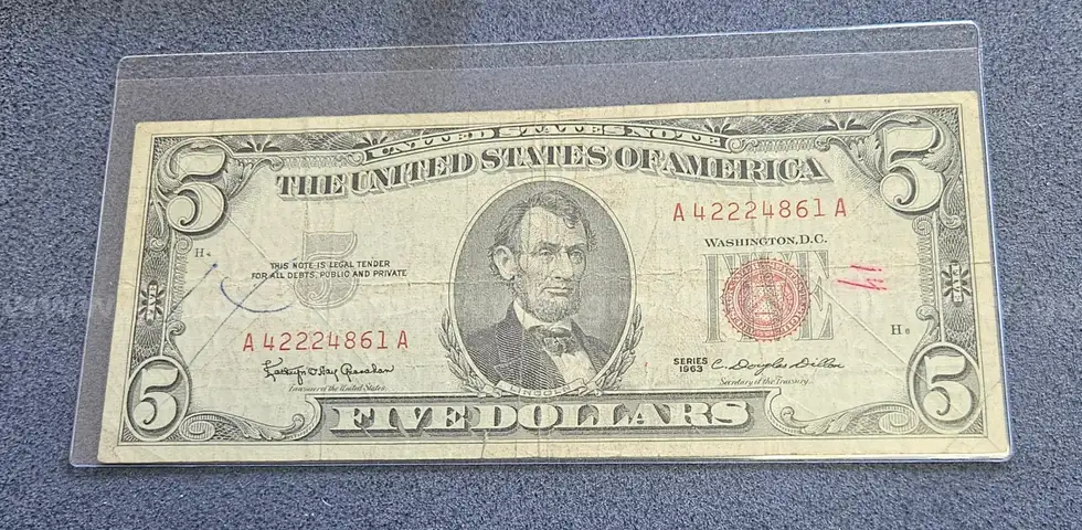Red Note 1963 Five Dollar Bill in Holder