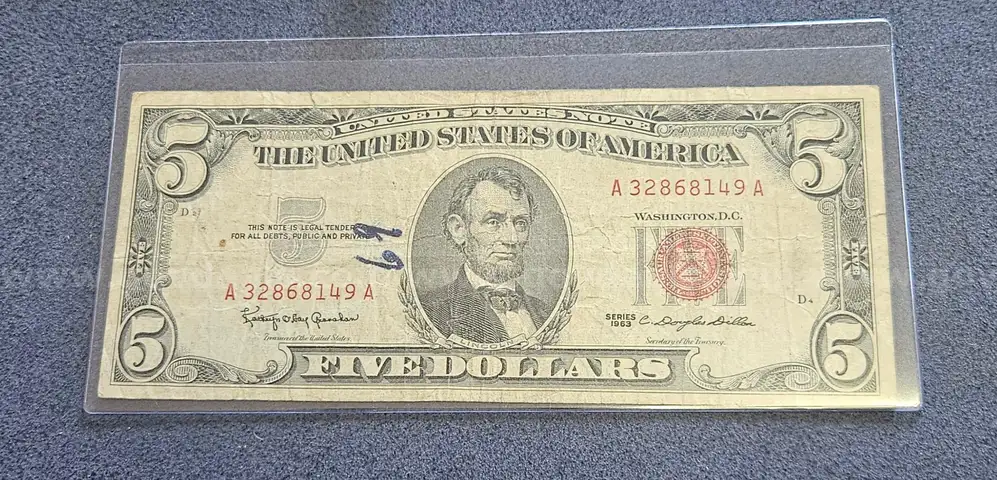 Red Note 1963 Five Dollar Bill in Holder