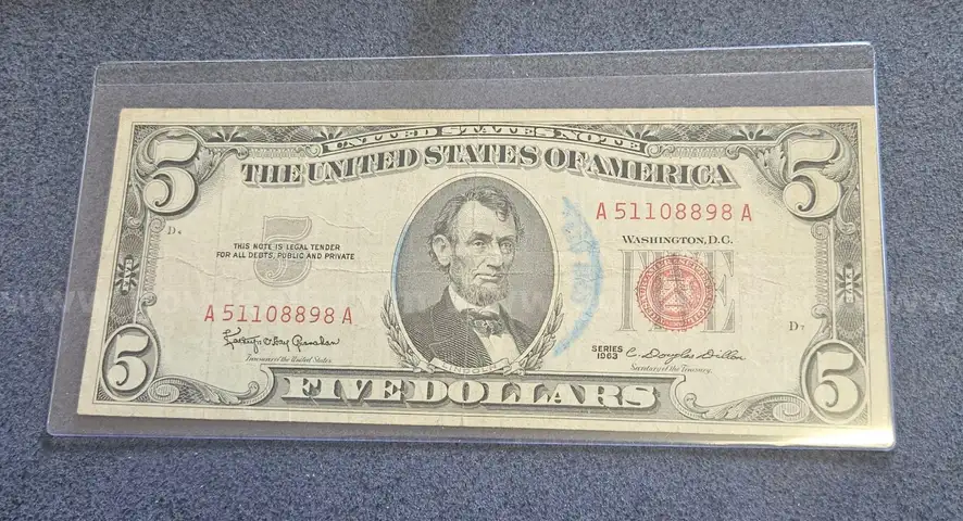 Red Note 1963 Five Dollar Bill in Holder